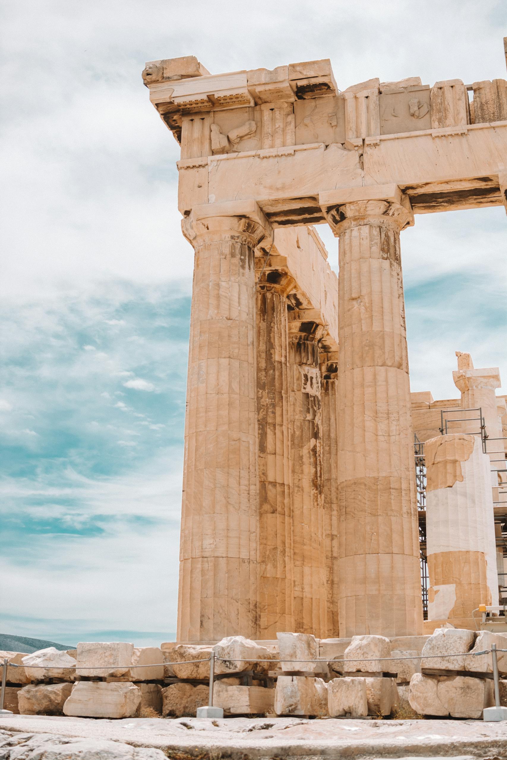 High angle view of the iconic Parthenon temple ruins in Athens showcasing ancient Greek architecture.