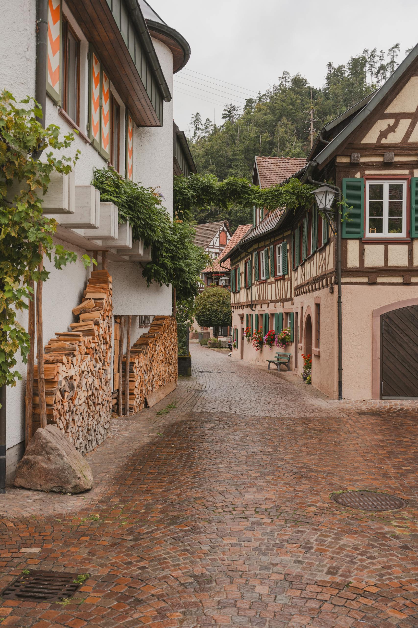 Picturesque cobblestone street with traditional German houses in Triberg.